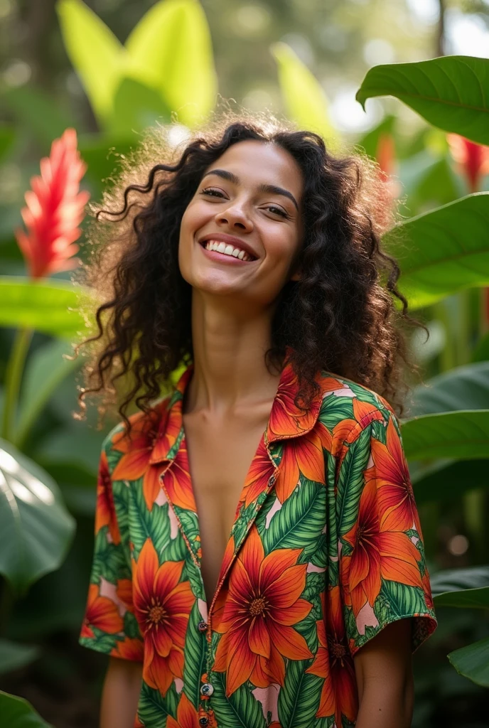 A Brazilian woman in a lush tropical garden, wearing an open shirt with a floral print, with a close-up capturing the harmonious beauty between her breasts and the natural flowers, showing off your natural charm and outgoing personality.