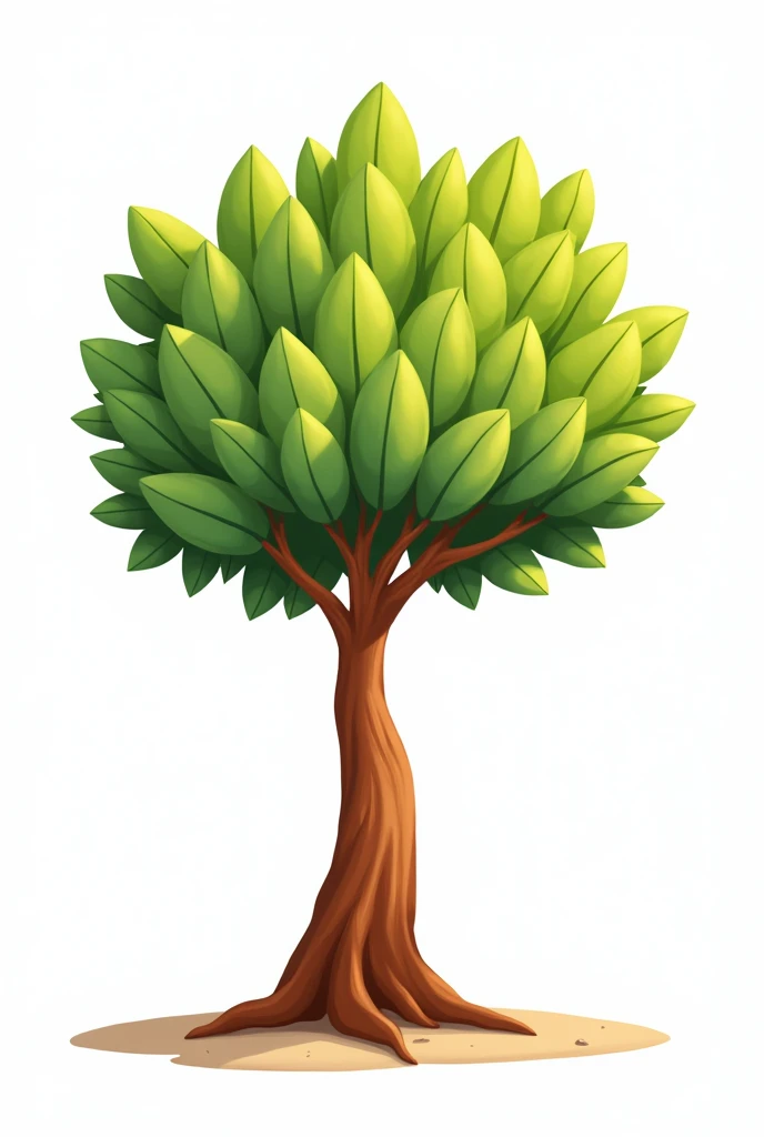 I need a simple image of a cacao tree without a background. It should be cartoon-style, small, without fruit, with lots of leaves, and look cute.