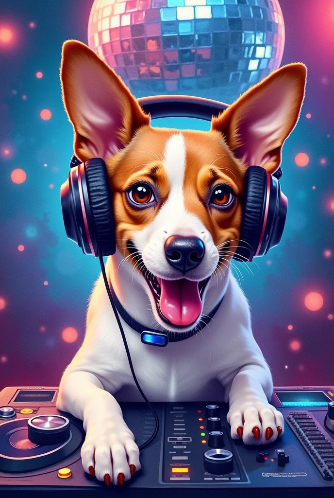 a dog wearing headphones、smile、Jack Russell Terrier、Watercolor、Real、high resolution、masterpiece、A large stereo deck、Mirror ball、Colorful lighting、