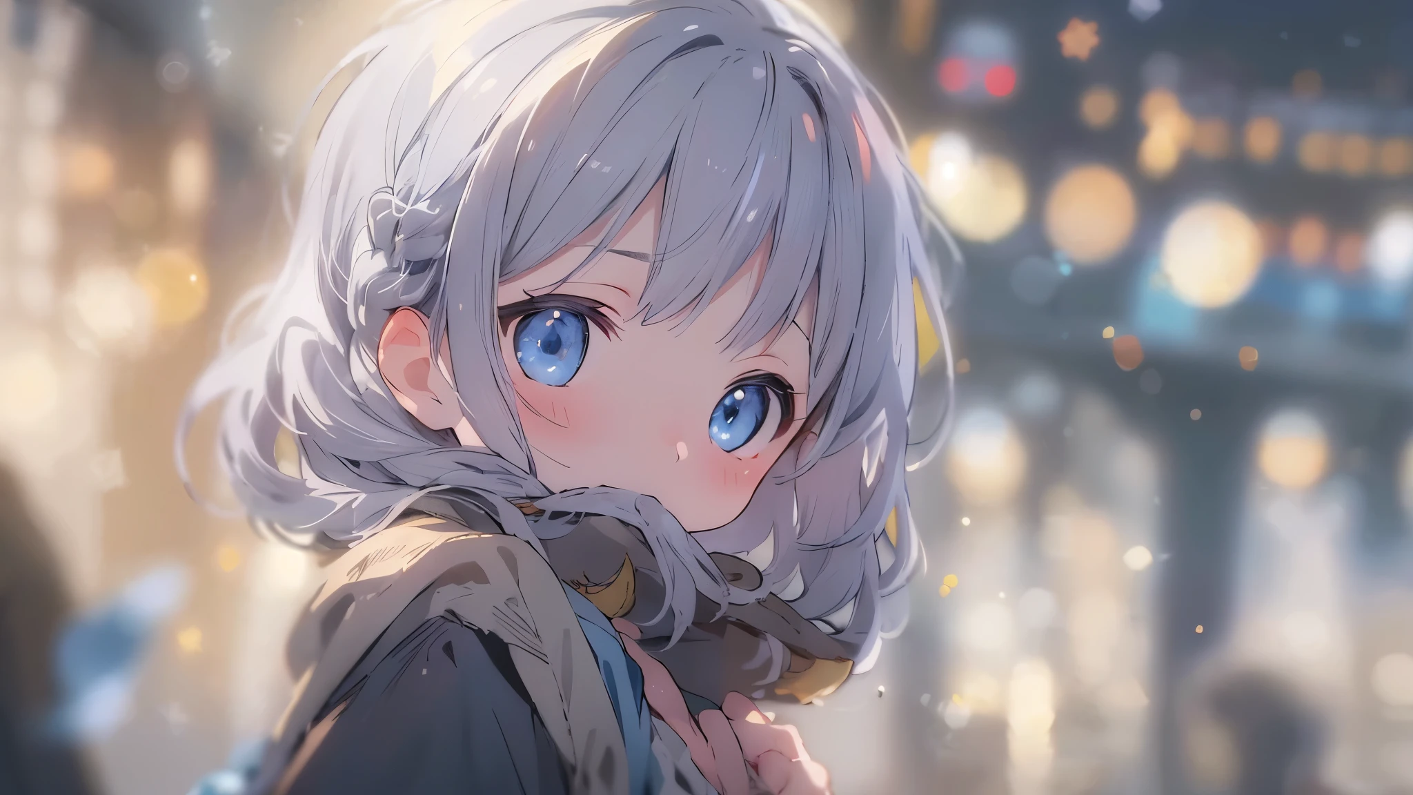 Absurd, High resolution, (Anime Style:1.1), ((Tabletop)), ((Highest quality)), (Very detailed), (beautiful), alone, beautiful face、Bokeh Photo, (Soft Focus:1.2),
Out of focus highlights, Dreamy atmosphere,
Shining Circle, Fascinating Depth,Made in Abyss、blue eyes、Gray Hair