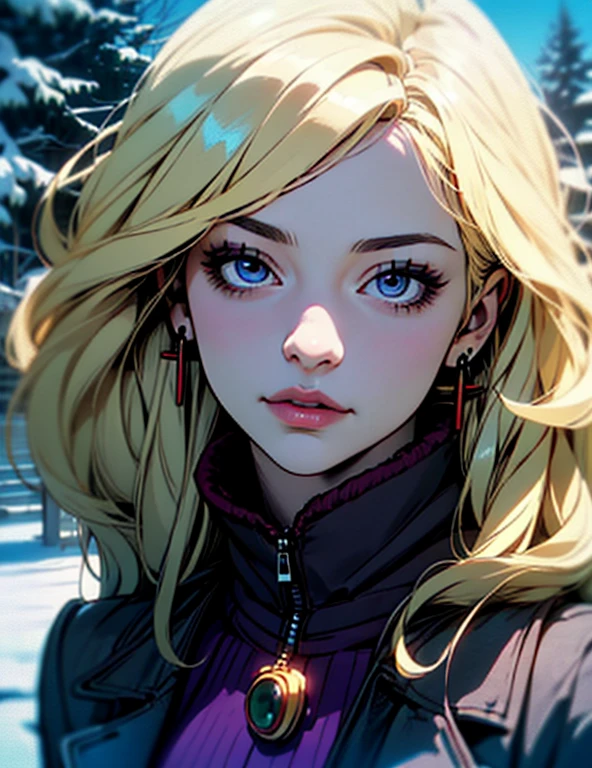hyper-realistic portrait of a mysterious and elegant woman with flowing soft highlighted blonde hair, piercing ((purple eyes)), little smile and a elegant overcoat, heavy winter (snowing), para trás, olhando para trás, tronco, (Fundo de neve), (roupas de inverno)
