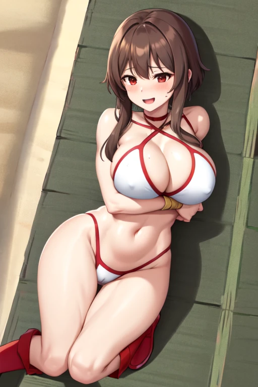 masterpiece, best quality, beautiful art, high resolution, well formed hands, body and fingers, 1 woman, solo, Megumin , 31 years old, full body picture, grown up, adult, large and big breasted, cleavage, hair ornament, wearing a Tyris Flare outfit , white_bikini, full body, sexy and skimpy bikini, gorgeous hips, legs and thighs bouncing breasts, red boots, she is doing exercise at the beach, seductive face, warming up, working out, sexy and captivating training, smiling joyfully and happily , looking at the viewer, cowboy shot on her bouncing breasts and red thong, sweating , bouncing breasts, training montage session, beach environment