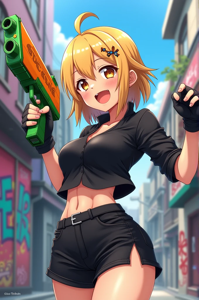 アニメ, Black short shorts, blond, happy face, black gloves, Black blouse with a green and orange gun in her hands