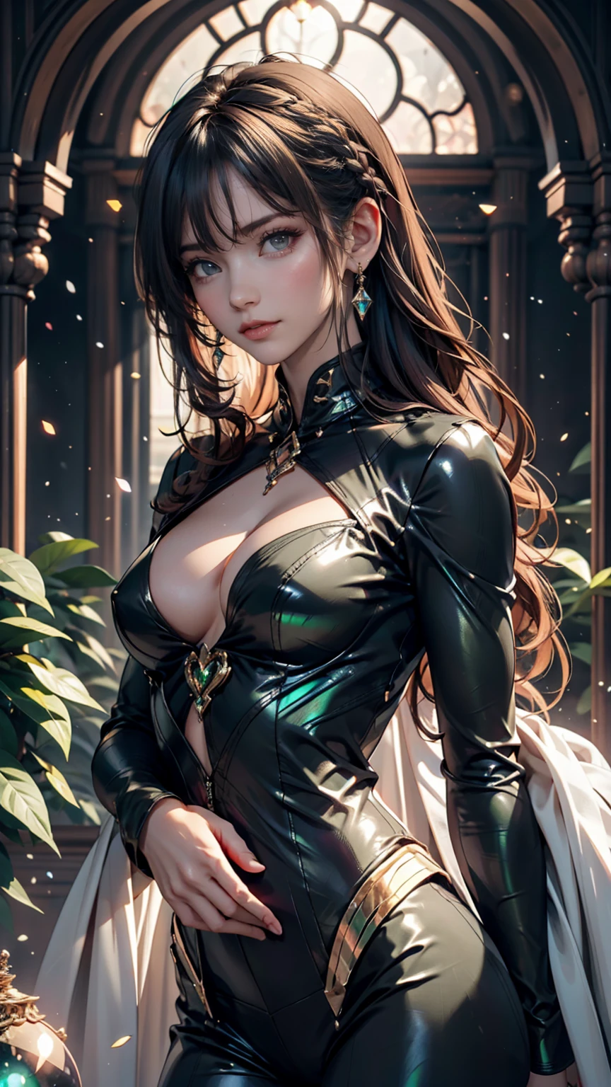 masterpiece, Highest quality, One person, with long flowing iridescent hair in shades of purple, green, Green and, Wearing a shiny black bodysuit, Place one hand on your hip、In the other hand, a light shines, Magic crystal ball. background, A swirl of light and energy、It gives the scene a mysterious and enchanting atmosphere.。. glow 髪, Multicolor Hair