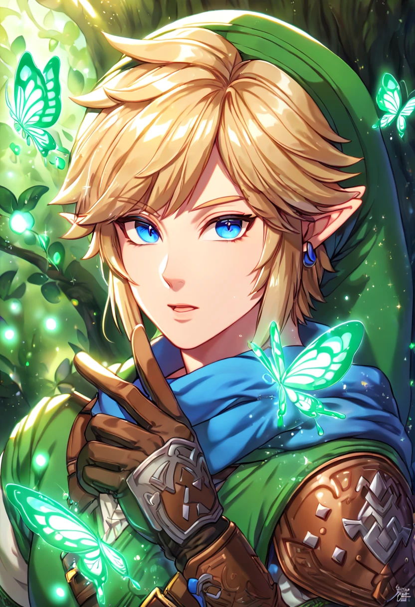 absurdres, highres, ultra detailed, HDR, master piece, best quality, extremely detailed, Link, blonde hair, expressive blue eyes, The Legend Of Zelda Hyrule Warriors, solo, sexy man, sensual, handsome, green tunic, green hat, brown gauntlets, blue scarf, under a green tree, fantasy, magical, glittering fireflies, green butterflies, green flames, glass magic, green leaves