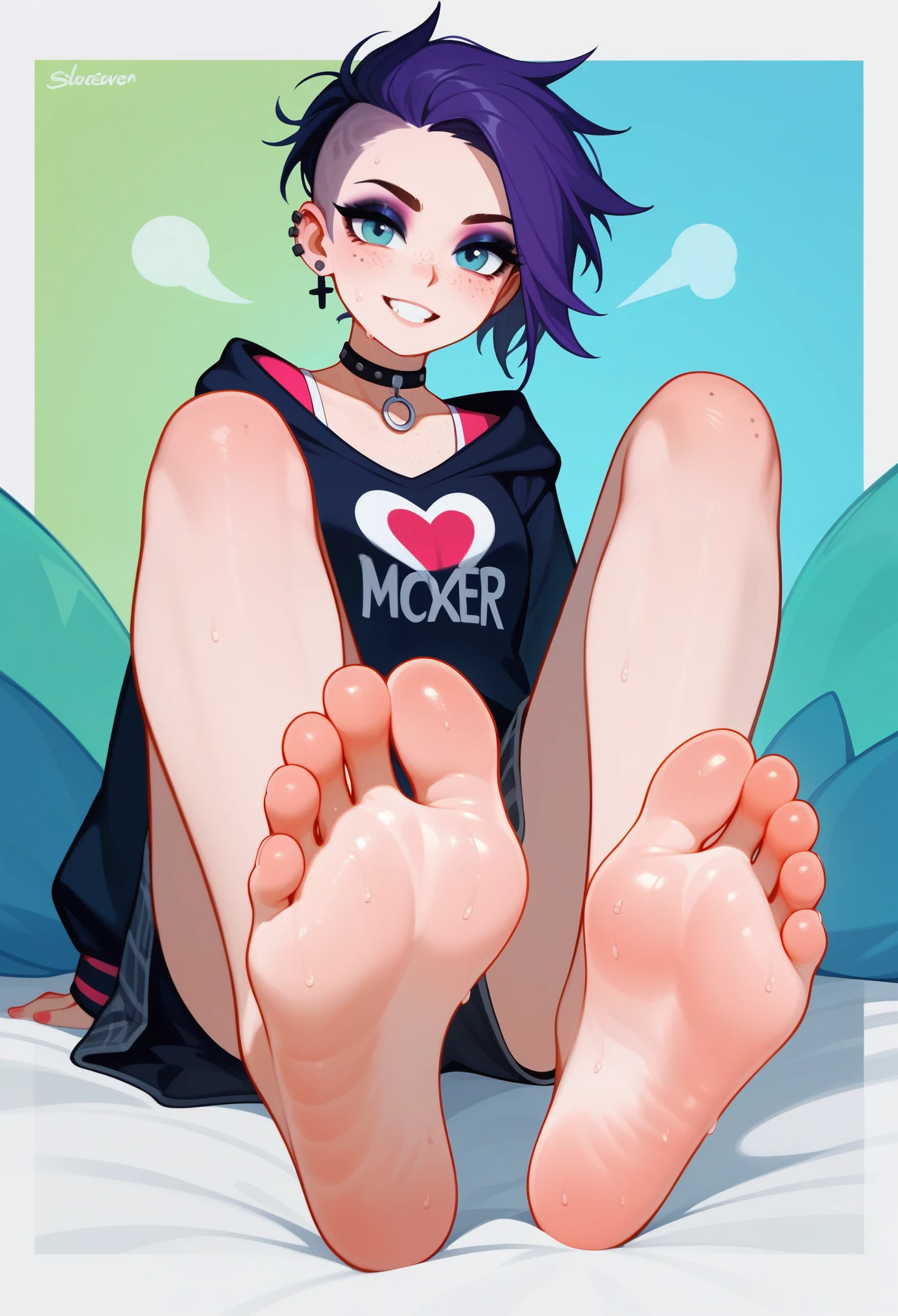 Attractive stoner girl, punk outfit style, neck choker）, Five toes per foot，large and slender feet，in a tile steamroom,（socked feet displayed side by side），socked feet，Details of the soles of the feet，Clear facial features。（Youthful），american southerner, fully clothed, freckled, tooth gap, sweaty socks, perfect feet, symmetrical soles, anatomically accurate feet, long legs. Eyeshadow