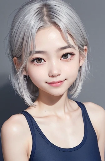 armpits,Create a photo of a korean Asian ager,((beautiful cute idol girl:1.5)), ((graysilver hair:1.5)),11yorow eyes:1.5,slim face,slim neck,((thinbody：1.5)),white tite tanktop,((rasping)),((frat chest)),((clavicle)),((Narrow eyes：1.5))、((Narrow eyes：1.5))、(Thin arms)、(Thin neck)、（Thin lips）、Smile、Beautiful armpits：1.5,Sticking out a long tongue、Open your mouth、Cute expression、Hairless、((slimarms:1.5)),small face:1.4,(Navy blue new school swimsuit：1.5）,