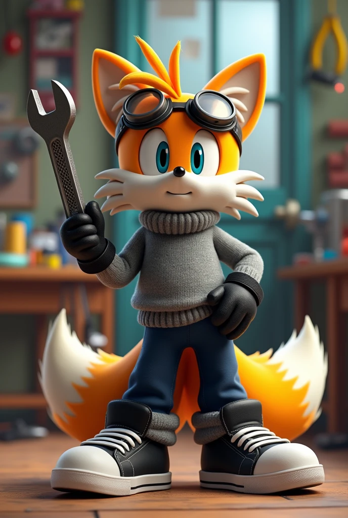 Tails With a gray sweater, dark blue pants, black sneakers, a Black glove with finger holes, 2 tails that have 4 fingers, a fallen ear, airplane pilot goggles, and Holding a wrench in hand