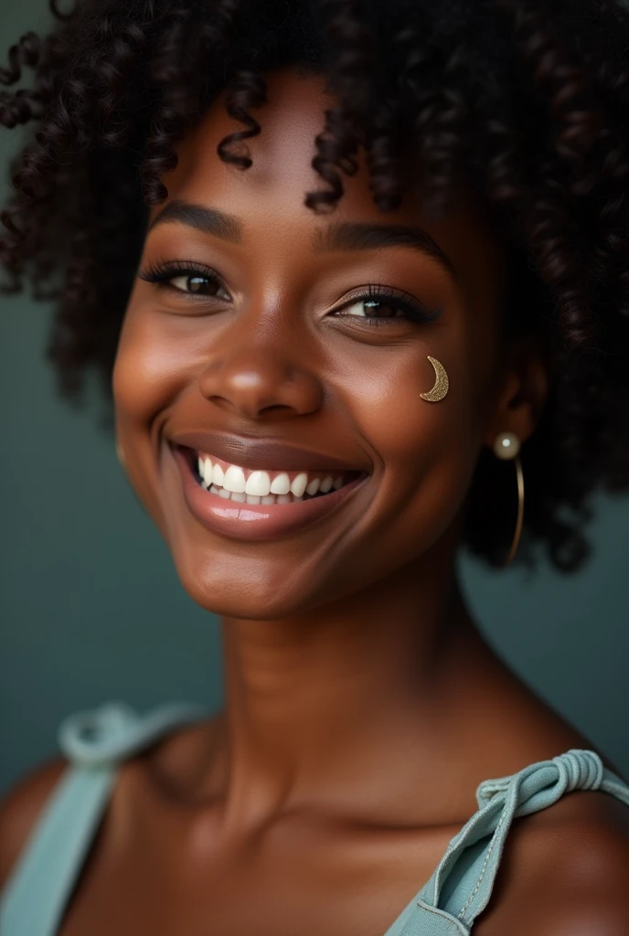 Lunar on the left cheek, dark skin, 20 years old, short curly hair, smiling with dimples