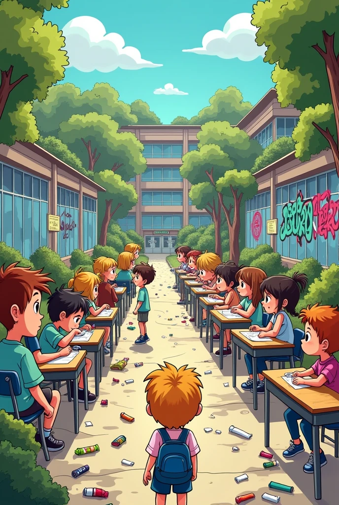 Give me 7 good cartoon illustrations showing the 7 negative actions that harm the school.
1. Lack of green areas (First picture)
2.Public services without much hygiene (second)
3.waste of water and paper (third)
4.a lot of noise in the classroom and recess (fourth)
5.accumulation of solid waste (Fifth)
6.Visual pollution(graffiti on the desks(sixth)
7.Proliferation of garbage in the classrooms and hallways(seventh)
