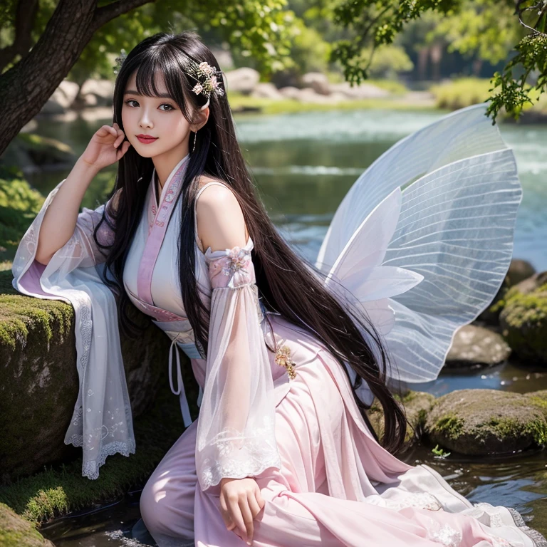 best quality, Delicate face,beautiful visual work, lifelike, eternity, black hair, Long curly hair, blunt bangs, Smile, Detailed Background, Delicate face,blush,cold,((masterpiece))、(top quality)、8k、high detail、Super detailed,31 years old female,Wearing Tang Dynasty Hanfu、waist skirt, Clothes are light and fluffy,Hanfu, wide sleeves, Transparent sleeves, Tunic, Clothes made of chiffon, Seductive and whimsical style、masterpiece、born、Scenes resembling fairy tale illustrations、Intricate details and complex designs、Beautifully、magic、capricious、 Beautifully、Dream aesthetics、「𝓡𝓸𝓶𝓪𝓷𝓽𝓲𝓬、ethereal、charming、fickle、magic」、Realism、Visual effects、FXAA、SSAO、Shaders、voiceless、ambient lighting、Tone mapping、High resolution、Ultra high quality、Million pixels、(8K resolution:1.10)、8k、Below 8K、8K resolution、high detail、intricate details, (high quality:1.2、masterpiece:1.2、:1.21)、(31 years old female:1.21)、(Smile excitedly)、(Surrounded by a dream-like atmosphere、Model diagram,full-body shot,Normal 2 feet,Put your hands behind you,The protrusion of the breast is visible when wearing clothes, Large Breasts, H cup chest, antiquity, Xian Xia, gauze clothes, Soft and fluttering, Fairy, dream, fantasy, light, elegant, nature, Immortal, romantic, classical, ribbon, light purple clothes, By the stream