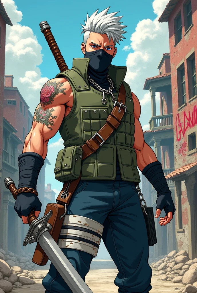 Create a burly warrior with hair and a face similar to Kakashi, wearing a chain with a very large sword-like anime punk style at the end.
