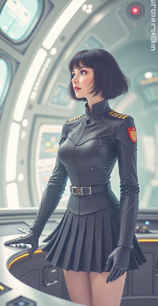 (highest resolution, distinct_image), best quality, masterpiece, highly detailed, semi realistic, a woman with short black hair, mature woman, triple bangs, black uniform, black pleated skirt, military uniform, spaceship space, control room, commander