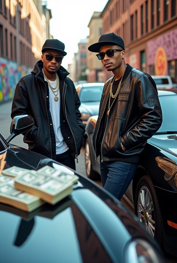 Two young men with chain sunglasses and caps and with money outside their luxury cars