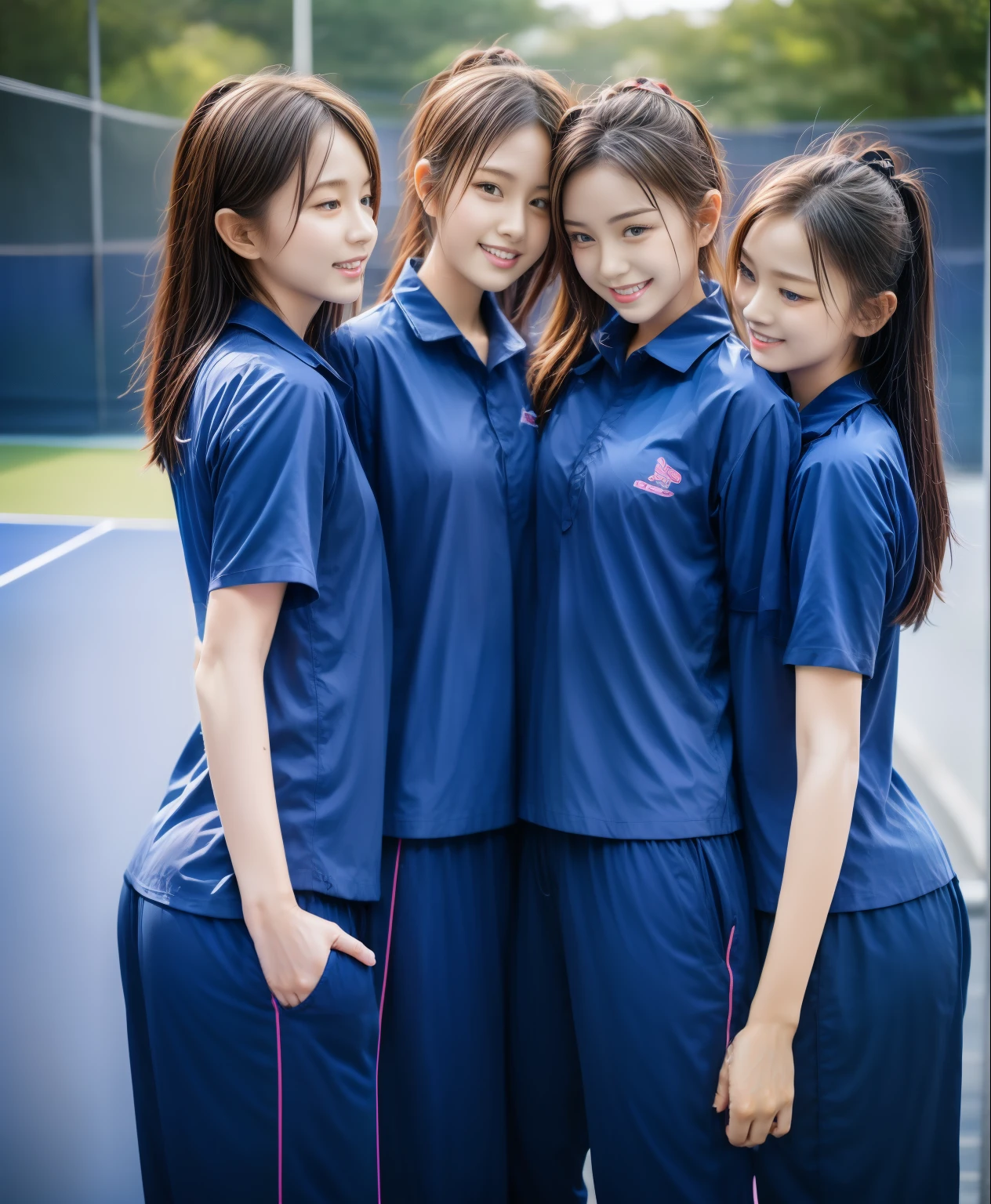 3 girls play tennis at tennis courts, Navy blue short-sleeved shirt,Navy Long Trackpant,Sweatpants, Sweatpantsขายาว,25 year old girl, lesbian, sexy, exercise clothes, wet body, exercise clothes