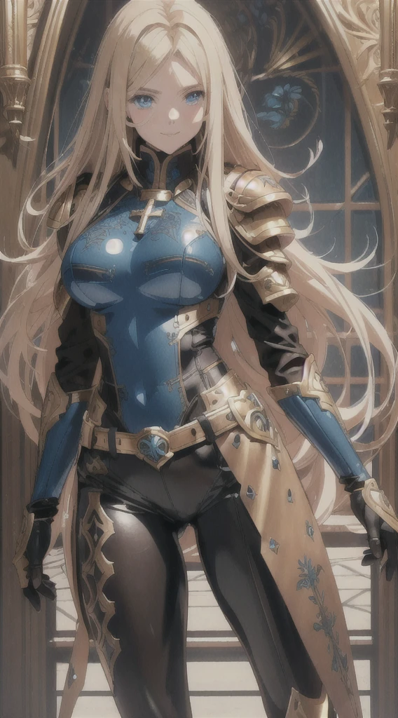(8k, raw photo, Best Quality, maestro:1.2), (anime photo-anime:1.37), ultra detailed, 1 girl, Beautiful, Alone, Gorgeous detailed blue sky with fluffy clouds, (blush), (whole body: 1.1), (smile: 1.1), (shut up), big breasts, Beautiful and delicate blue eyes, (Tight blue armor with intricate engravings of leaves and flowers : 1.1), Golden metal pieces covering her shoulders and arms, Dark brown leather belt with metal buckles, tight leather pants, Brown leather boots, A cross adorns her chest, (long blonde hair: 1.2), flowing hair, high contrast, Proporciones de whole body, (astride, stretch the legs, thin legs), Chest closeup.