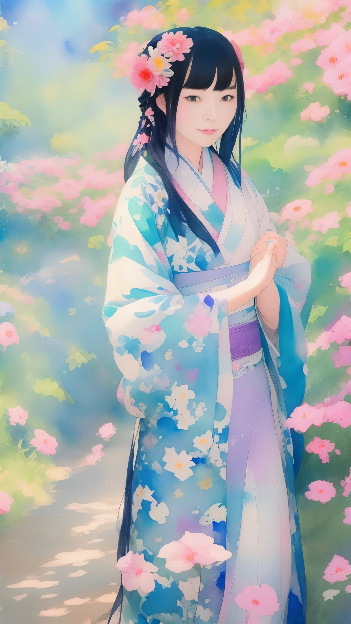Beautiful adult woman, 22 years old、Watercolor、An illustration、Blue mandala flower、A woman who captivates。Passionate color palette、Calm appearance、kimono、clear、Black Hair、Japanese、Upper Body、Masterpiece、Highest quality