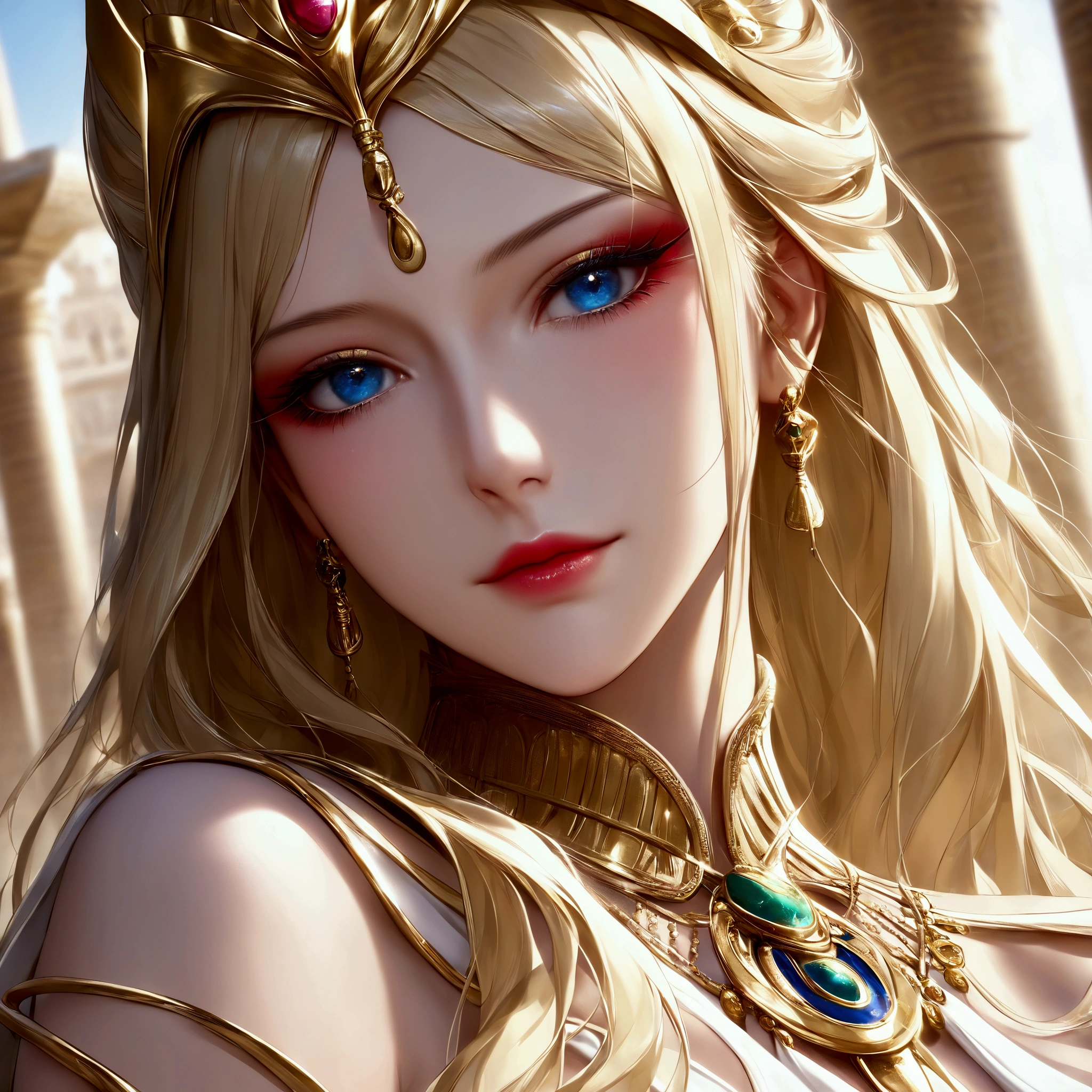 a beautiful elegant empress, detailed eyes, detailed lips, extremely detailed face, long eyelashes, ornate headdress, jeweled necklace, flowing robe, imperial palace, golden throne, dramatic lighting, digital art, highly detailed, photorealistic, 8k, best quality, masterpiece