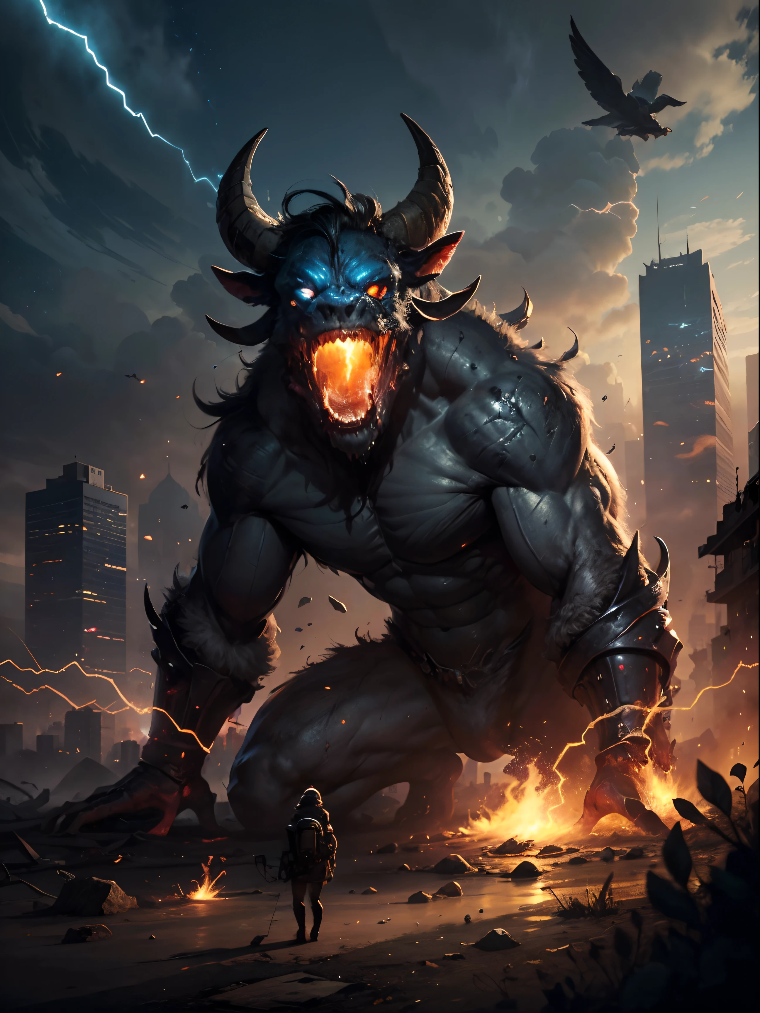 masterpiece, Best quality,8K, Ultra-high resolution,In a dilapidated city,Powerful energy fluctuations in the sky,Space distorts,Mysterous rifts appear,Evil humanoid monsters with goat faces,There are sharp claws、Huge blue scales and red eyes,They leave behind shimmering sparks and ethereal energy remnants..。,Set against the backdrop of cities destroyed after the apocalypse,Volumetric Lighting,Rendered by Octane,4K resolution,Art Station Trends,masterpiece