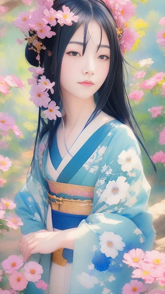 Close-up of a beautiful adult woman、Watercolor、An illustration、Blue mandala flower、A woman who captivates。Passionate color palette、Calm appearance、from the front、Close-up of face、kimono、clear、Black Hair、Japanese、Upper Body、Masterpiece、Highest quality