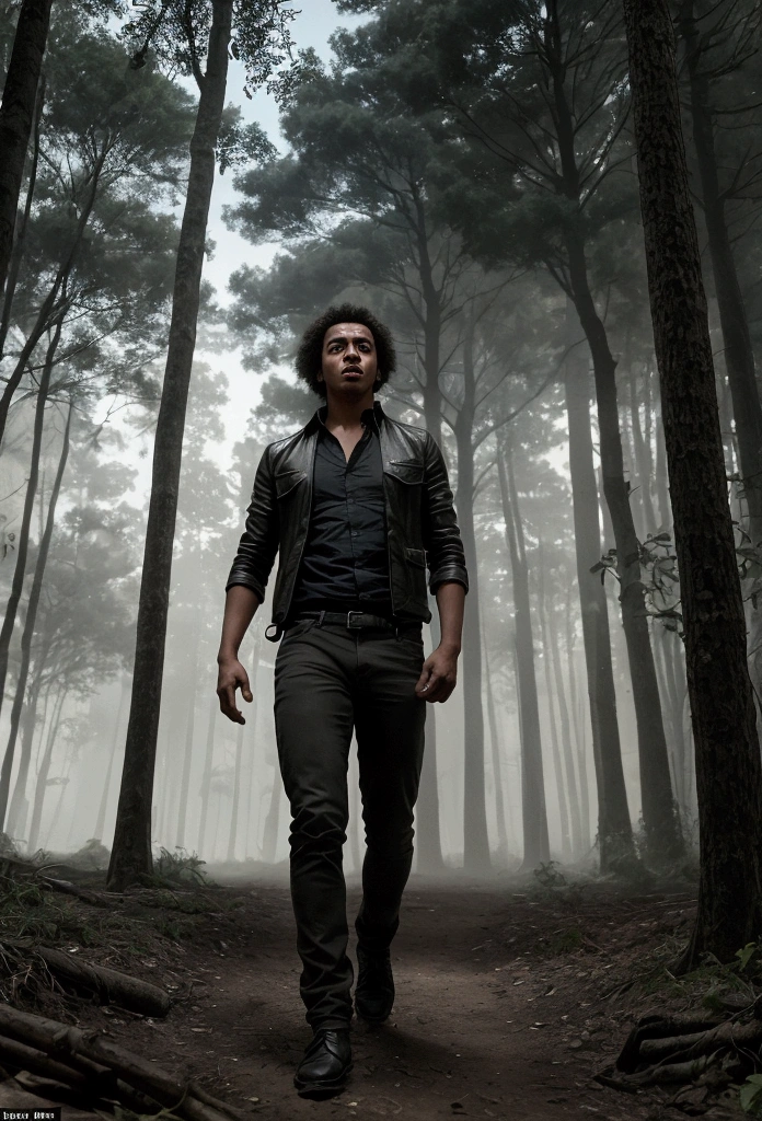 One of the boys, Marcelo, stopping walking abruptly, with an expression of fear. He hears a distant, dark cry. The scene is surrounded by tall trees and shadows that appear to be moving. The sound seems to come from an uncertain direction.
