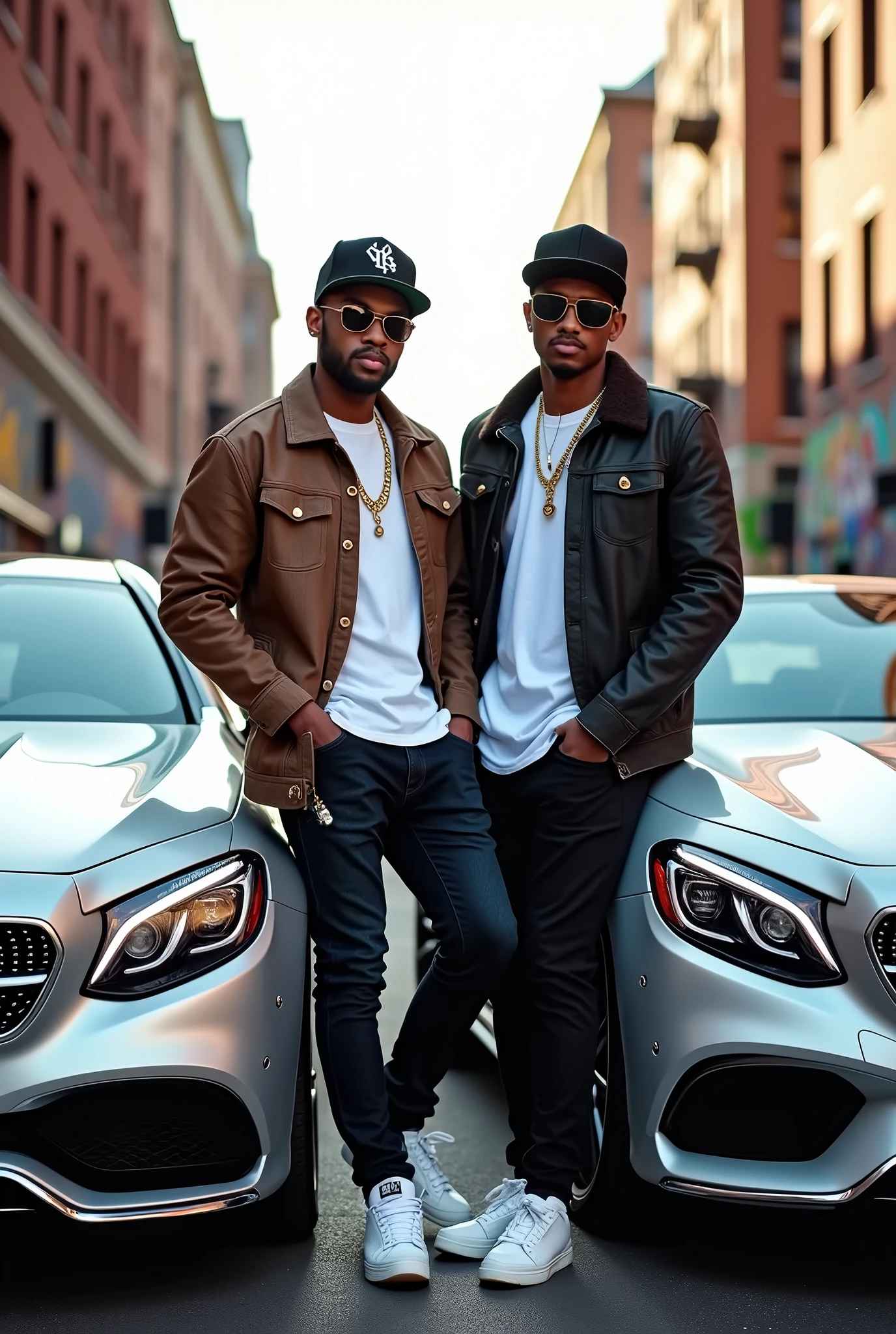 Two young men with chain sunglasses and caps and with money outside their luxury cars 