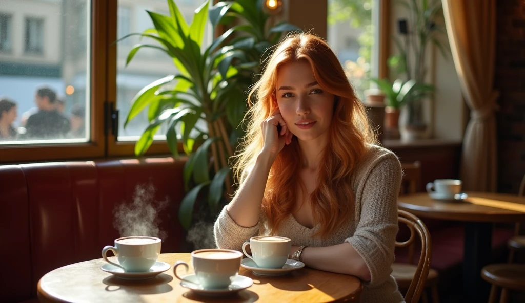 Beautiful woman in a cafe sitting at a table, Redhead with long blonde hair.