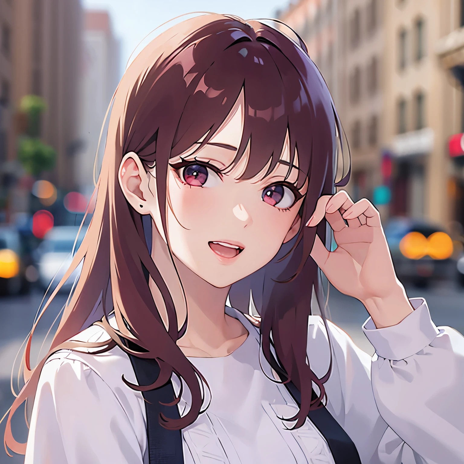 hand up, Biologically correct five fingers、Realistic, real person, RAW photo, photorealistic, portrait photography, shiny skin, 25-year-old woman、(Medium Hair) and (red hair) and (red eyes), Wearing a white blouse、smile, open mouth, The background is a park、Alone、Are standing