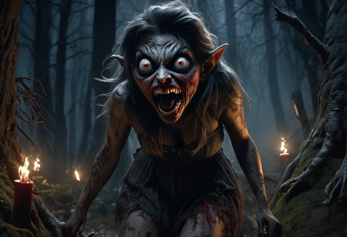 (horror) (damsel in distress) a pack of ravenous goblins with big eyes,small bodies,huge cannibal mouths (lots of jagged sharp teeth), chasing a scared human woman with big breasts,big butt,anglo features,tramp stamp tattoo,barefoot, battered and bloody, in a dark forest at night,(best quality,4k,8k,highres,masterpiece:1.2),ultra-detailed,(realistic,photorealistic,photo-realistic:1.37),dark fantasy,horror,surreal,chiaroscuro lighting,moody atmosphere,dramatic lighting (show all of her head to toe)