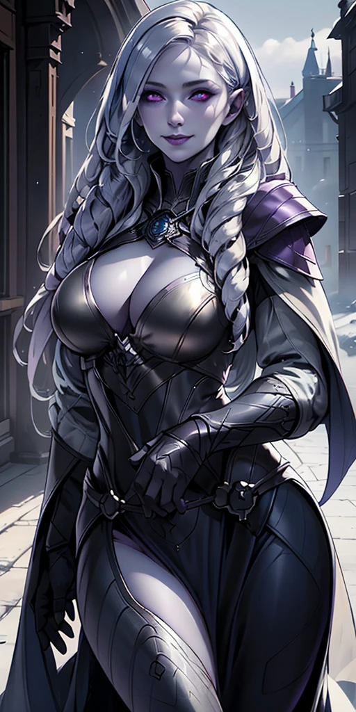 (chest covered)(smile)Gray skin, pale golden hair and violet eyes. They prefer clothing of white and silver with cloaks of deep blue or purple,village background, huge_knockers, ((very precise detailed)), ((highres)