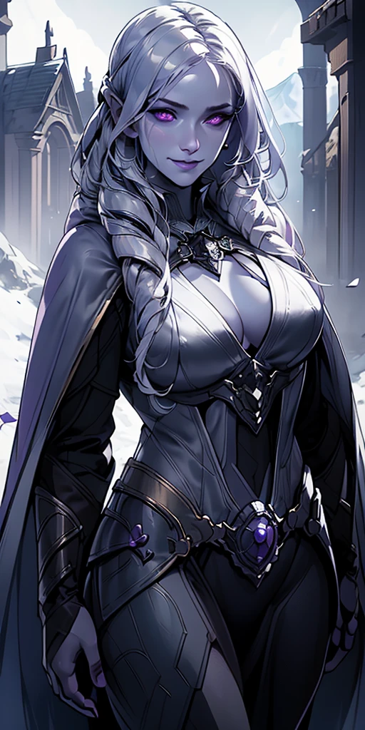 (chest covered)(smile)Gray skin, pale golden hair and violet eyes. They prefer clothing of white and silver with cloaks of deep blue or purple,village background, huge_knockers, ((very precise detailed)), ((highres)
