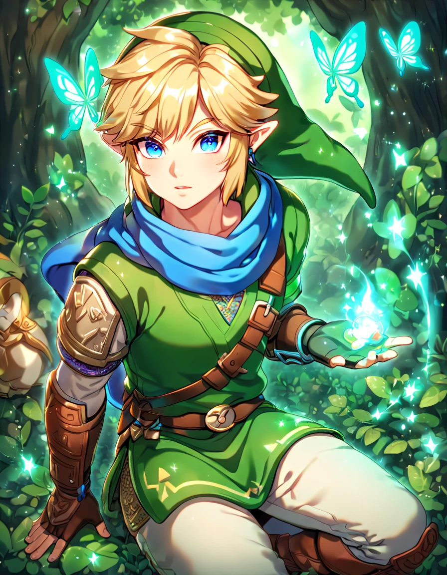 absurdres, highres, ultra detailed, HDR, master piece, best quality, extremely detailed, Link, blonde hair, expressive blue eyes, The Legend Of Zelda Hyrule Warriors, solo, sexy man, sensual, handsome, green tunic, green hat, brown gauntlets, blue scarf, under a green tree, fantasy, magical, glittering fireflies, green butterflies, green flames, glass magic, green leaves