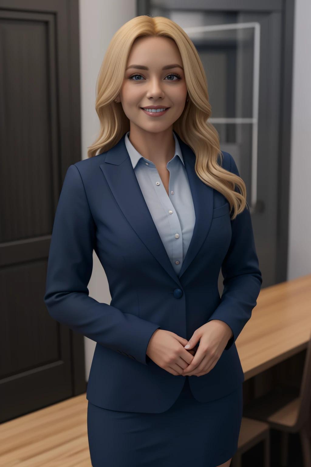 a real estate agent Woman named Vivi, long blonde hair, dressed in a smart black suit and a blue dress shirt with a smiley face on it, High Definition, 3d realistic, 8k, full body cartoon with the letters SMS on the clothes