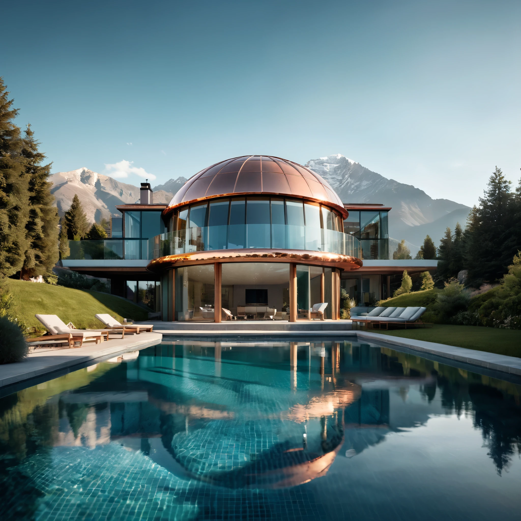 Best quality, 8k, high resolution, ultra-realistic photo, very high quality, intricate details, summer, very detailed outdoor, A large copper and glass dome, sharp image, bright diffused light, A House made from Polished Copper concept with swimming pool surrounded with mountains, in the style of dark white and teal, reflective surfaces, wealthy portraiture, timeless artistry, 1970–present, highly detailed, sharp focus . octane render, highly detailed, volumetric, natural light photo, Canon 85L,