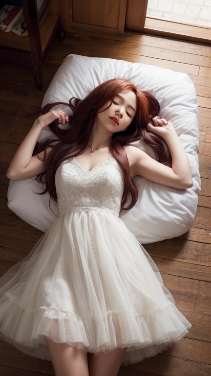Girl in a dream.I have long, colorful hair.Wear white clothes.She is taking a nap.It's a rock band.Memos flying around.Top quality illustrations.What a beautiful illustration!.Very colorful.Big eyes,smile、Viewer Perspective