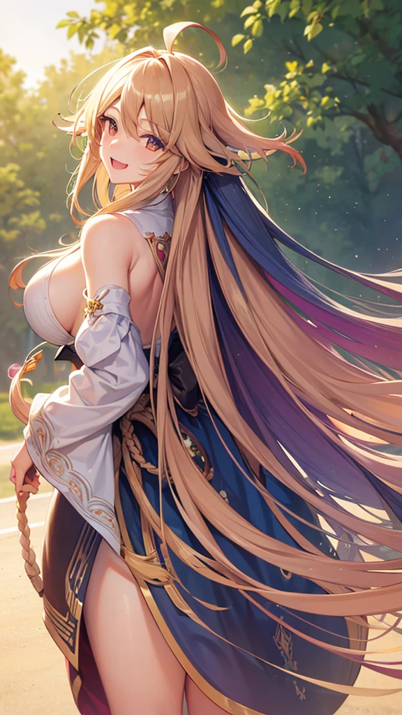 High resolution, masterpiece, Textured skin, Very long hair, Ahoge, Colorful Hair, Parted bangs, Hair blowing in the wind, Large Breasts, smile, Open your mouth a little, Back view, Character portrait, Background blur, Alphonse Mucha, 