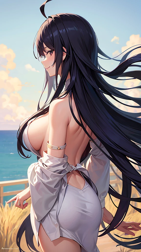 High resolution, masterpiece, Textured skin, Very long hair, Ahoge, Colorful Hair, Parted bangs, Hair blowing in the wind, Large Breasts, smile, Open your mouth a little, Back view, Character portrait, Background blur, Alphonse Mucha,