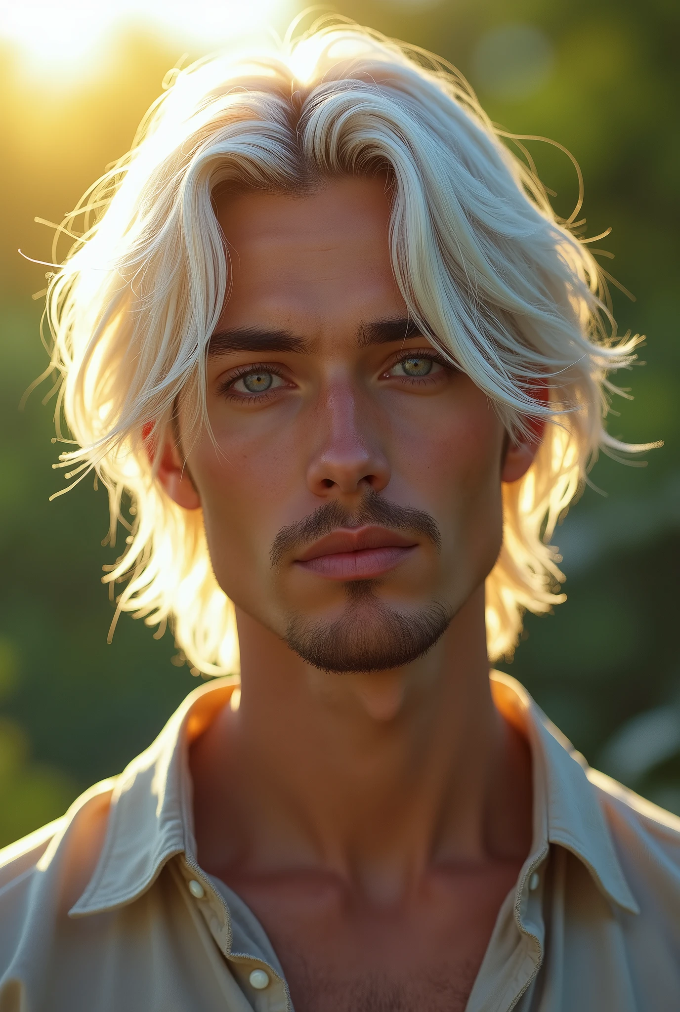 Realism photo, beautiful man, 24-years-old, chin length white hair, and lilac colored eyes.