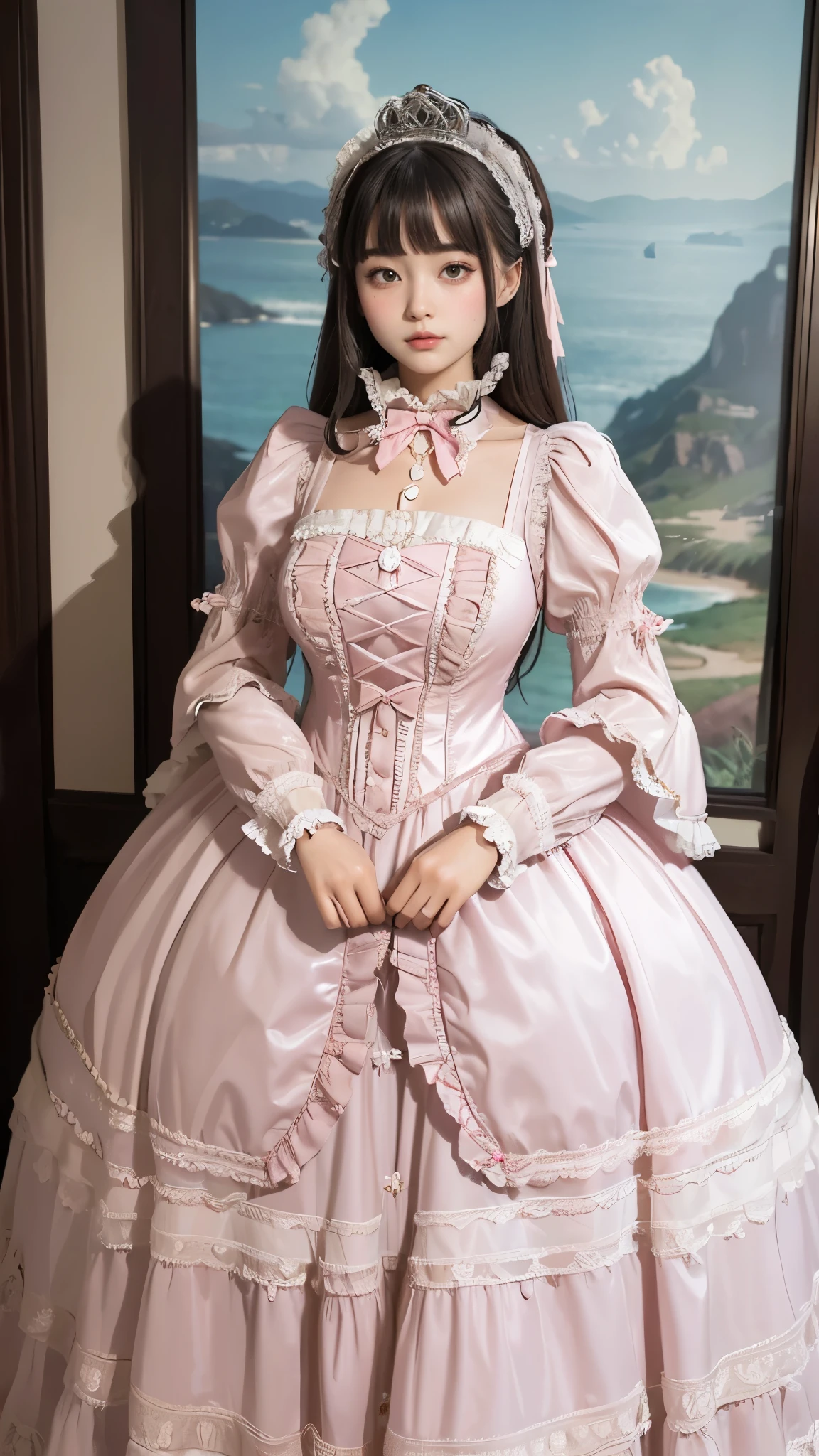highest quality, masterpiece, highest resolution, artwork, super それにget used to it, many get used to it, get used to it, それにget used to it,, woman,cute woman,((lol)),((All 25 year old womams)),womans a princesses,everyone wears a tiara on their head,((all have volume,She is wearing a pink Victorian ball gown dress with a full-length hoop skirt)),the dress is round and bulging,(Long sleeves with ruffles),((A long dress that almost touches the floor)),A dress with lots of frills and ribbons..,((ruffle yoke collar)),luxury,inside the palace,Satin fabric dresses,
