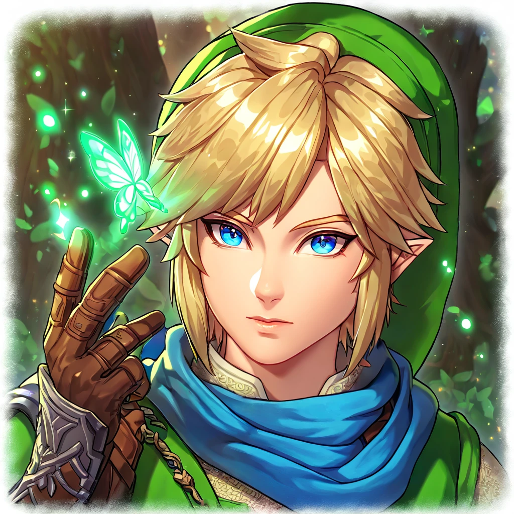 absurdres, highres, ultra detailed, HDR, master piece, best quality, extremely detailed, Link, blonde hair, expressive blue eyes, The Legend Of Zelda Hyrule Warriors, solo, sexy man, sensual, handsome, green tunic, green hat, brown gauntlets, blue scarf, under a green tree, fantasy, magical, glittering fireflies, green butterflies, green flames, glass magic, green leaves