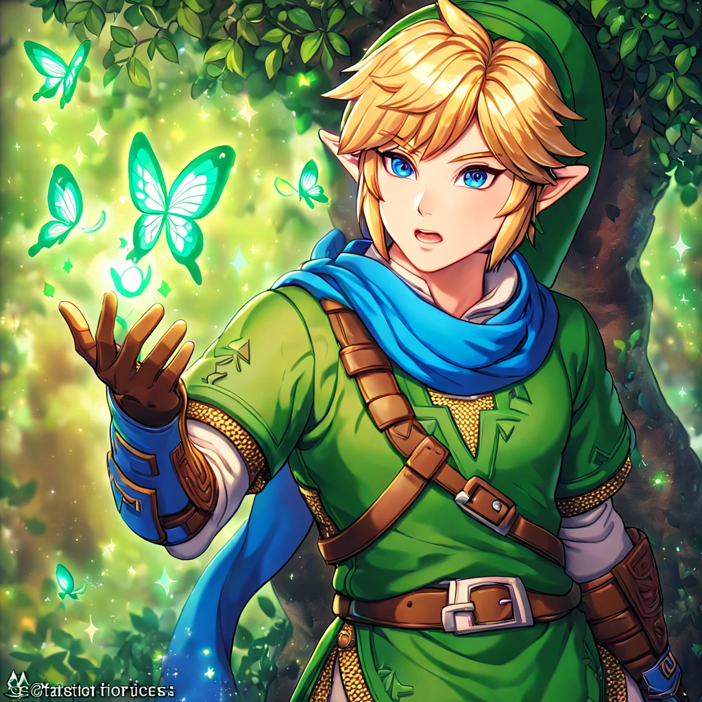 absurdres, highres, ultra detailed, HDR, master piece, best quality, extremely detailed, Link, blonde hair, expressive blue eyes, The Legend Of Zelda Hyrule Warriors, solo, sexy man, sensual, handsome, green tunic, green hat, brown gauntlets, blue scarf, under a green tree, fantasy, magical, glittering fireflies, green butterflies, green flames, glass magic, green leaves