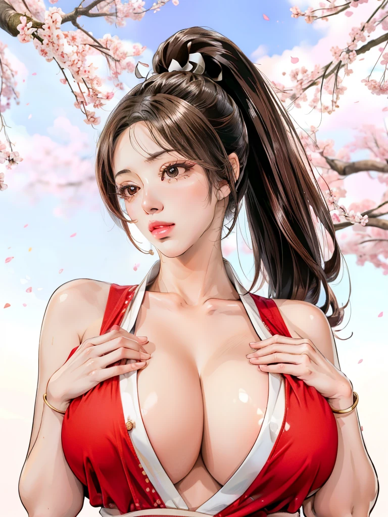 Japanese Beauty,Cherry Blossoms,Petals are just beginning to fall, In a park rich in nature、plant, (((Sexy姿势的杰作))), ((best quality)), ((complicated)), ((Surrealism)), Mature woman, Mature woman, , Very detailed, shape, mai Shiranui, ((Huge breasts)), Perfect hands, Finger details, beautiful eyes, ponytail,Brown eyes, (mai Shiranui suits:1.2), earrings, Long detailed background, Perfect eyes, Charming eyes, Looking at the audience, Rosy cheeks,Sexy,Cleavage,cute