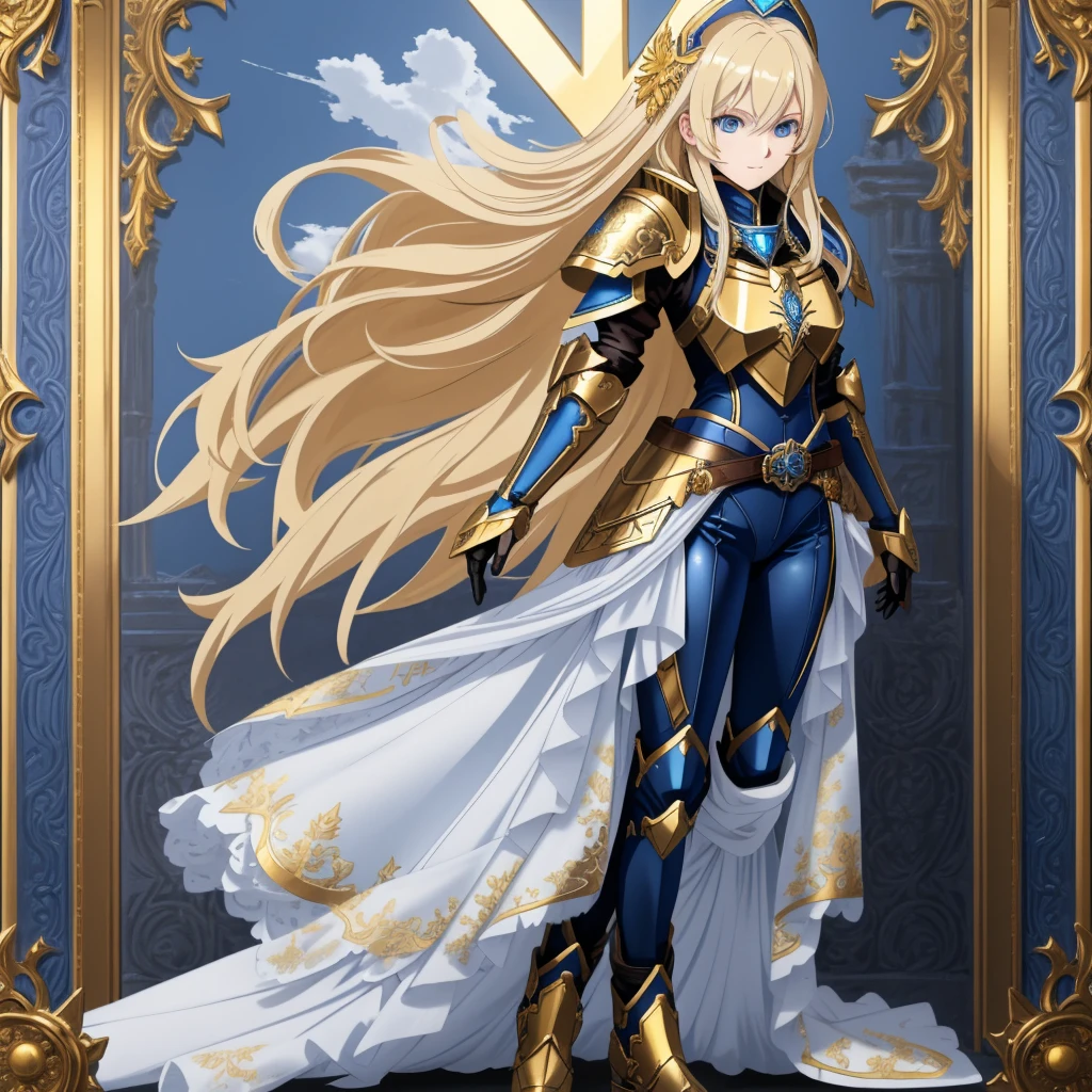 A full-body portrait of a young woman in anime style, with long, light blonde hair, framed by a white mantle adorned with golden details. She has intense blue eyes and wears a form-fitting blue armor with intricate engravings of leaves and flowers, and golden metal pieces covering her shoulders and arms. A dark brown leather belt with metallic buckles secures her armor at the waist. She wears brown leather boots, standing in a dynamic action pose. A cross-shaped pendant adorns her chest. The background features a blue sky with fluffy clouds, highlighting her majestic and noble appearance, visible from head to toe, wear tight pants