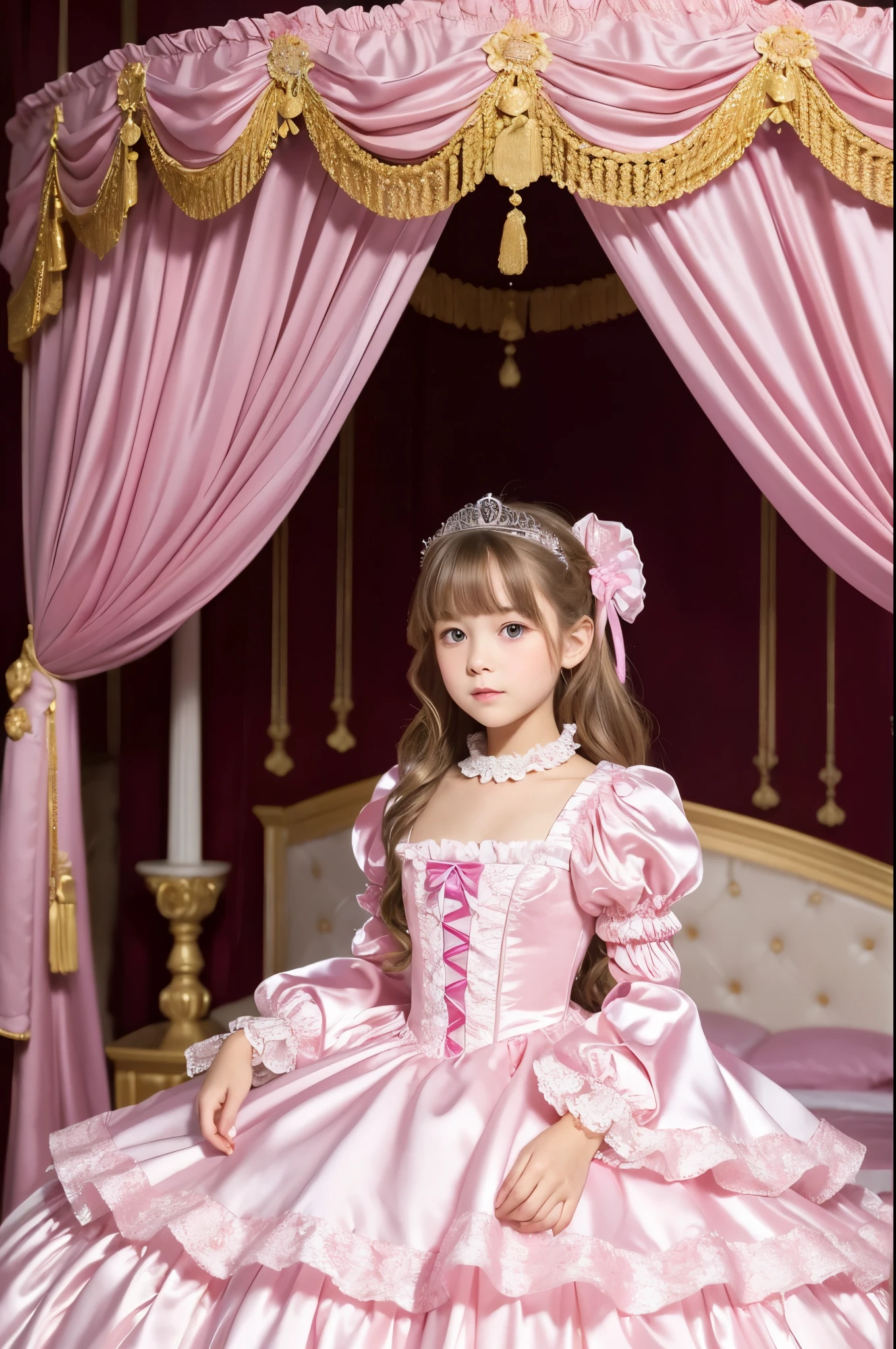 highest quality, masterpiece, highest resolution, artwork, super それにget used to it, many get used to it, get used to it, それにget used to it, 3k realistic pictures,,((10 year old s)),Ultra-detailed juvenile face,ultra-detailed beautiful little girl princess,full length ball gown dress with hoop skirt,ruffled yoke collar,puff sleeves,long sleeve,((Lolita style hot pink iled princess satin dress with lots of ruffles and ribbons)),Rococo style lolita fashion,shiny satinss,Soft and smooth fabric,detailed princess dress,luxury,long blonde hair,blue eyes,white skin european,Pajama,((in the bedroom of the palace)),luxury princess canopy king size pink bed,shiny satin sheets,ultra-detailed princess bed,High-quality background,lot of frilled pillows,on the bed,