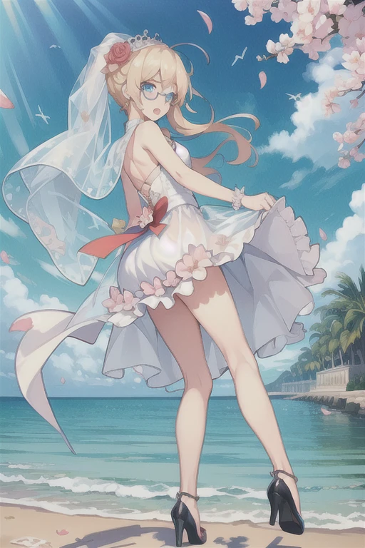 Hood \(warship girls r\),((masterpiece)),(((best quality))),((ultra-detailed)),((illustration)),((disheveled hair)),((frills)),(1 girl),(solo),1girl,bangs,blue sky,blush,bridal veil,cherry blossoms,cloud,cloudy sky,confetti,day,dress,earrings,eyebrows visible through hair,falling petals,flower,hair between eyes,hair ornament,high heels,jewelry,leaves in wind,looking at viewer,looking back,ocean,open mouth,outdoors,petals,petals on liquid,ponytail,rose petals,shoes removed,sidelocks,single shoe,sky,soles,solo,splashing,tiara,tree,underwear,veil,water,wedding dress,white dress,Rating:safe,foreshortening,
under-rim eyewear,Blue eyes with highlights,Blonde long hair(delicate eyes),ahoge,