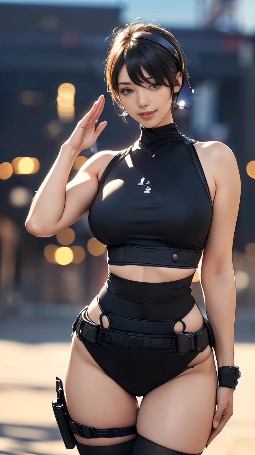 (A woman),(((A woman salutes with her right hand.:1.5))),(((Straighten the left hand:1.5))),((Black tactical tights:1.5)),((Black headphones:1.5)),((Black tactical holster:1.5)),(Black Gloves:1.5),(Smile:1.5),(short hair:1.5),(beautiful eyes:1.3),(Very detailedな顔:1.5),((Very detailedな女性の手の描画:1.5)),((muscular:1.5)),(Sexy appearance:1.5),((Thick thighs:1.5)),(Beautiful Body:1.5),((Very sensual:1.5)),(Background is the city:1.5),(((Blurred Background:1.5))),(Written border depth:1.5),rest(((masterpiece:1.5),(best quality:1.5),(Very detailed:1.5),(high resolution:1.5),(Practical:1.5),(Practical:1.5),(Delicate depiction),(Carefully drawn))),8K,wallpaper