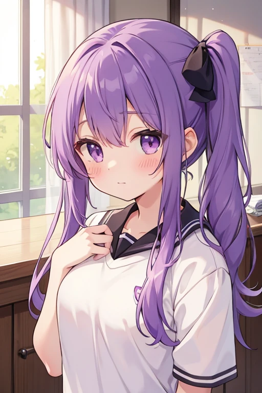 1gril,blush,Masterpiece,Highest quality,Side Ponytail,Purple Hair,Two hands,high school student