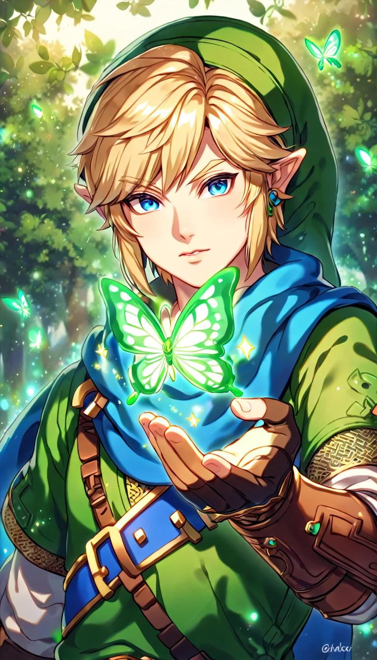absurdres, highres, ultra detailed, HDR, master piece, best quality, extremely detailed, Link, blonde hair, expressive blue eyes, The Legend Of Zelda Hyrule Warriors, solo, sexy man, sensual, handsome, green tunic, green hat, brown gauntlets, blue scarf, under a green tree, fantasy, magical, glittering fireflies, green butterflies, green flames, glass magic, green leaves