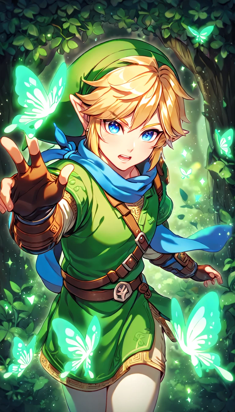 absurdres, highres, ultra detailed, HDR, master piece, best quality, extremely detailed, Link, blonde hair, expressive blue eyes, The Legend Of Zelda Hyrule Warriors, solo, sexy man, sensual, handsome, green tunic, green hat, brown gauntlets, blue scarf, under a green tree, fantasy, magical, glittering fireflies, green butterflies, green flames, glass magic, green leaves