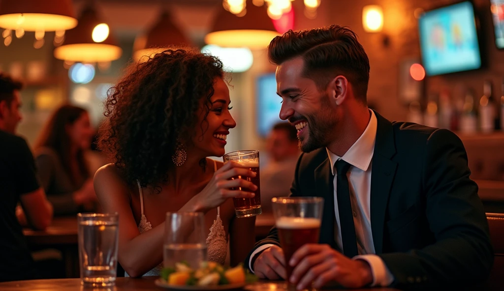 there is a pretty woman with dark skin, having a beer in a bar, She is accompanied by a handsome athletic executive in a suit and tie..., they are sitting at the same table.